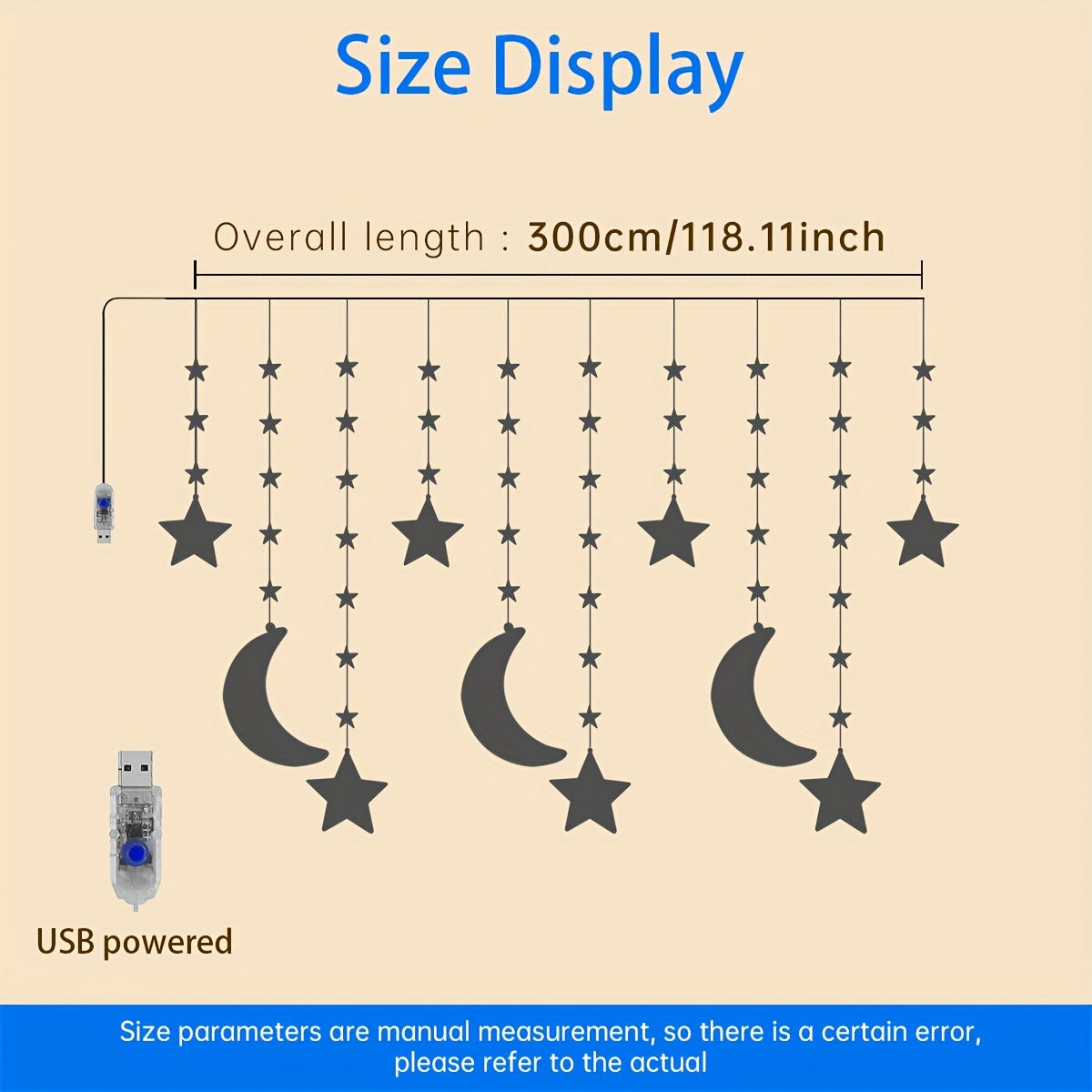 1pc, Moon And Star String Lights for Eid Al Fitr, Warm White LED Fairy Lights Powered by USB, 3\u002F9.84Ft with 98 Leds, Suitable for Decorating Bedrooms, Curtains, Parties, And Both Indoor And Outdoor Spaces (Batteries Not Included)