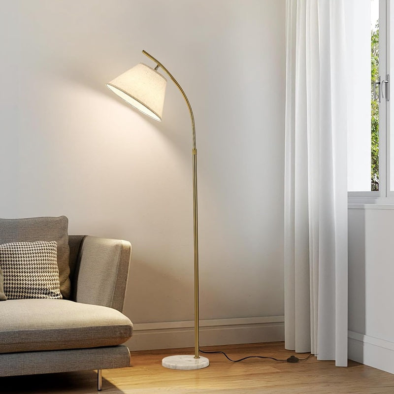 Arc Floor Lamp Luxury Gold LED Floor Lamp with Linen Shade, 3 Color Dimmable Modern Standing Lamp, Tall Floor Lamp for Living Room Bedroom Office Reading Room, Include LED Bulb