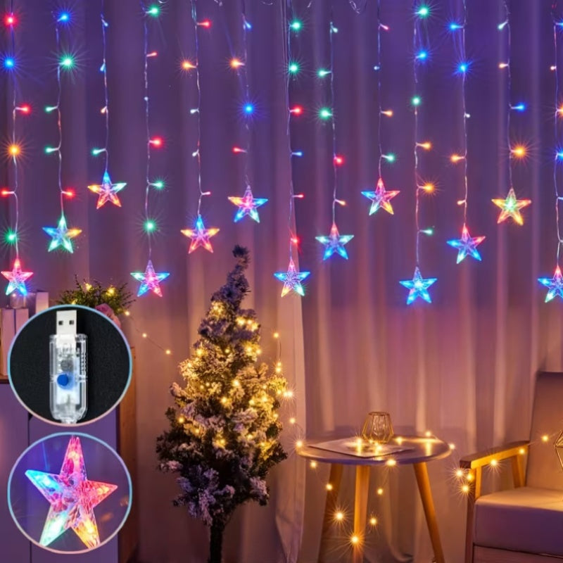 1pc, Shiny Star Curtain String Lights, 118.11inch\u002F96 LED Lights, Indoor USB Color Fairy Lights, Very Suitable for Christmas, New Year, Weddings, Bedroom, Porch Ceiling Decoration (Battery Not Included)