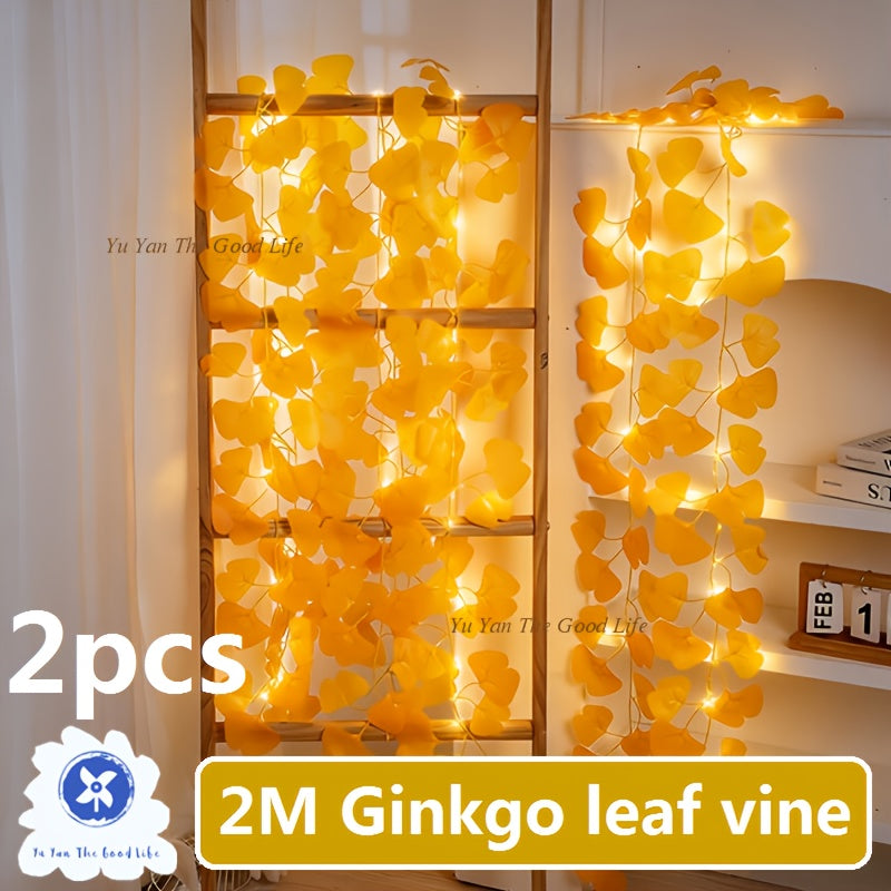 2pcs 2m\u002F6.5Ft Yellow Ginkgo Leaf Light Strings | 20 LEDs Each, Battery-Powered (No Battery Included), Ideal for Bedroom, Wall Hanging, Party, Wedding, Halloween, Christmas, Easter, Valentine'S Day Decorations