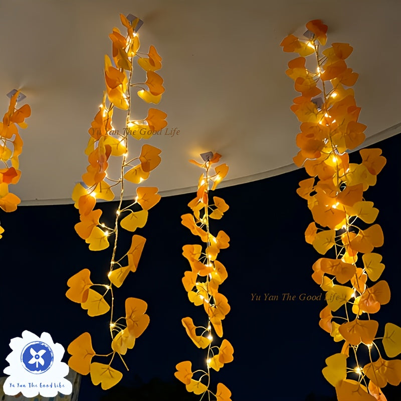 2pcs 2m\u002F6.5Ft Yellow Ginkgo Leaf Light Strings | 20 LEDs Each, Battery-Powered (No Battery Included), Ideal for Bedroom, Wall Hanging, Party, Wedding, Halloween, Christmas, Easter, Valentine'S Day Decorations
