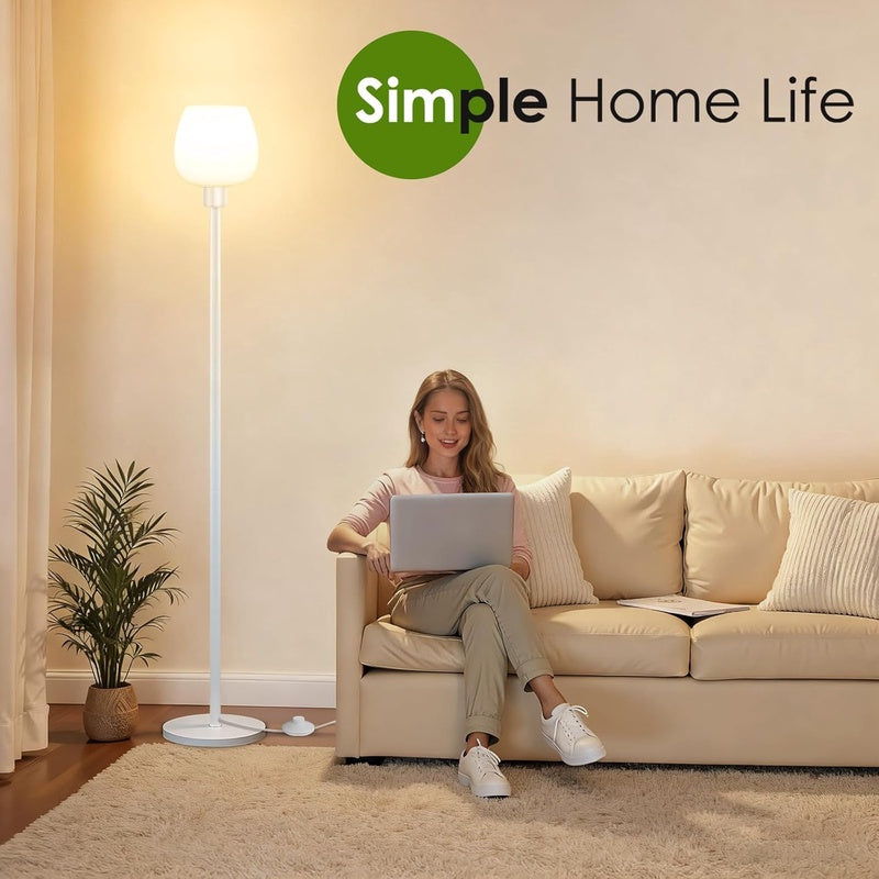 64.2 White Floor Lamp, Modern Standing Lamp with Opal Glass shade, 3 Color Temperatures LED Bulb Included, Foot Pedal Switch, Tall Pole Standing Lamps for Living Room, Office, Bedroom, Home Decor