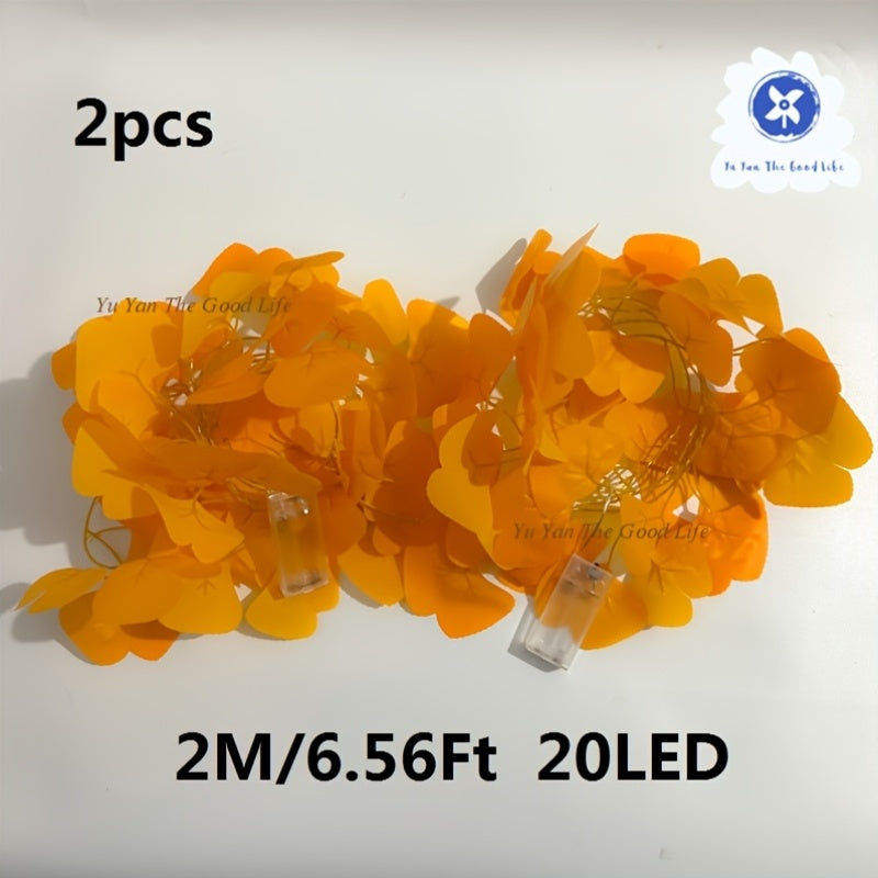 2pcs 2m\u002F6.5Ft Yellow Ginkgo Leaf Light Strings | 20 LEDs Each, Battery-Powered (No Battery Included), Ideal for Bedroom, Wall Hanging, Party, Wedding, Halloween, Christmas, Easter, Valentine'S Day Decorations