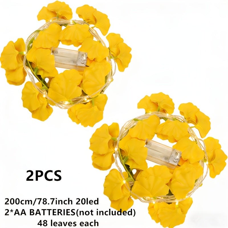 2pcs 2m\u002F6.5Ft Yellow Ginkgo Leaf Light Strings | 20 LEDs Each, Battery-Powered (No Battery Included), Ideal for Bedroom, Wall Hanging, Party, Wedding, Halloween, Christmas, Easter, Valentine'S Day Decorations