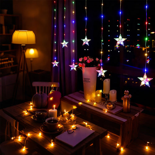 1pc Star Curtain String Lights - Colorful\u002FWarm Light Options, Cozy Atmosphere, Perfect for Weddings, Birthdays, Family Dinners, Holidays, Curtains, Bedrooms, Battery-Powered (No Batteries), Ideal for Home Decorators