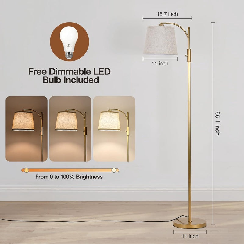 Fully Dimmable Floor Lamp for Living Room, Standing Lamp Rotary Switch with Linen Beige Shade, Golden Tall Lamps for Bedroom with Adjust Head, 9W LED Bulb Included
