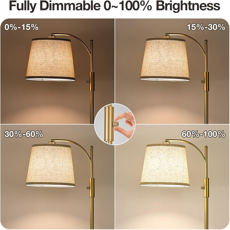 Fully Dimmable Floor Lamp for Living Room, Standing Lamp Rotary Switch with Linen Beige Shade, Golden Tall Lamps for Bedroom with Adjust Head, 9W LED Bulb Included