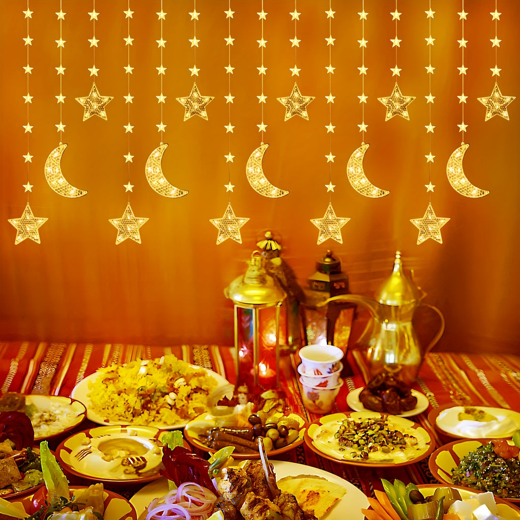 1pc, Moon And Star String Lights for Eid Al Fitr, Warm White LED Fairy Lights Powered by USB, 3\u002F9.84Ft with 98 Leds, Suitable for Decorating Bedrooms, Curtains, Parties, And Both Indoor And Outdoor Spaces (Batteries Not Included)