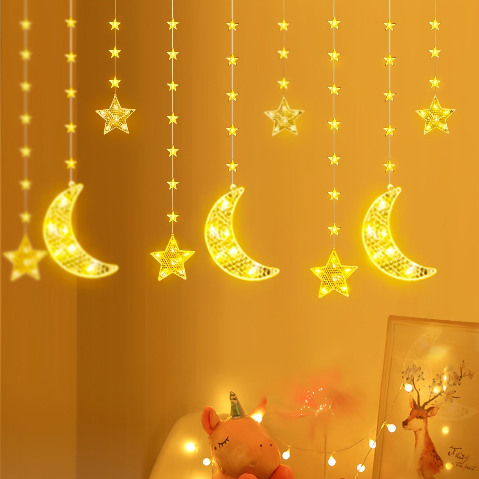 1pc, Moon And Star String Lights for Eid Al Fitr, Warm White LED Fairy Lights Powered by USB, 3\u002F9.84Ft with 98 Leds, Suitable for Decorating Bedrooms, Curtains, Parties, And Both Indoor And Outdoor Spaces (Batteries Not Included)